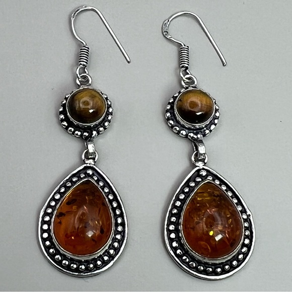 New Tigers Eye Gemstone with Sim Amber Silver Overlay Earrings - Picture 6 of 6